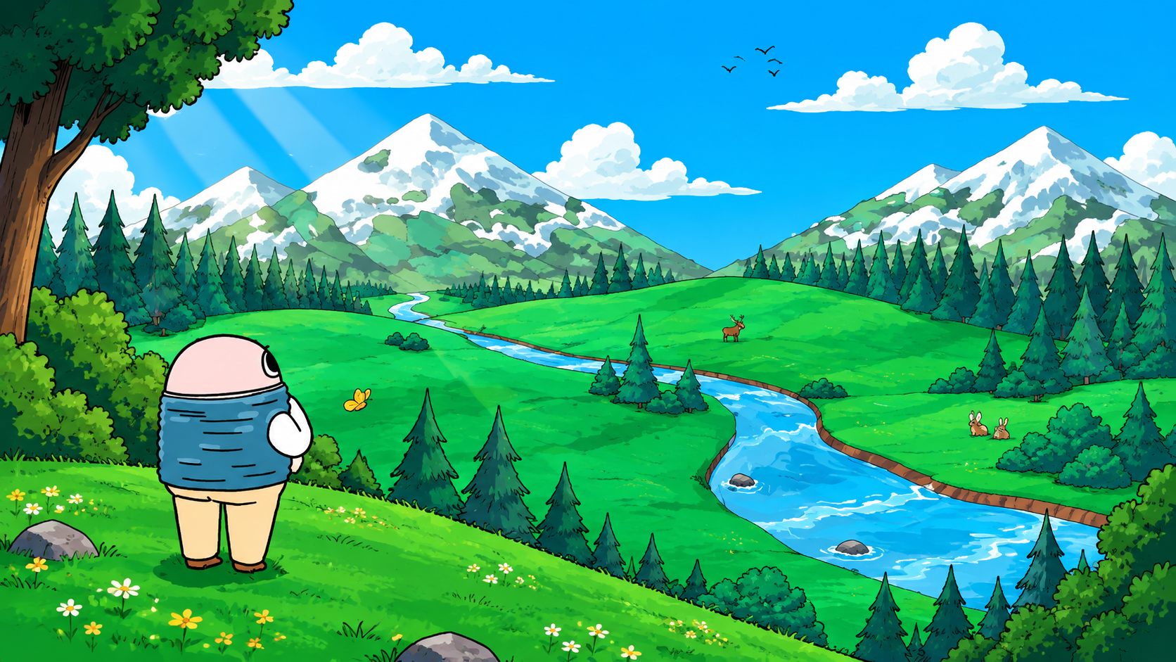 A wide green valley with mountains, a river and a deer